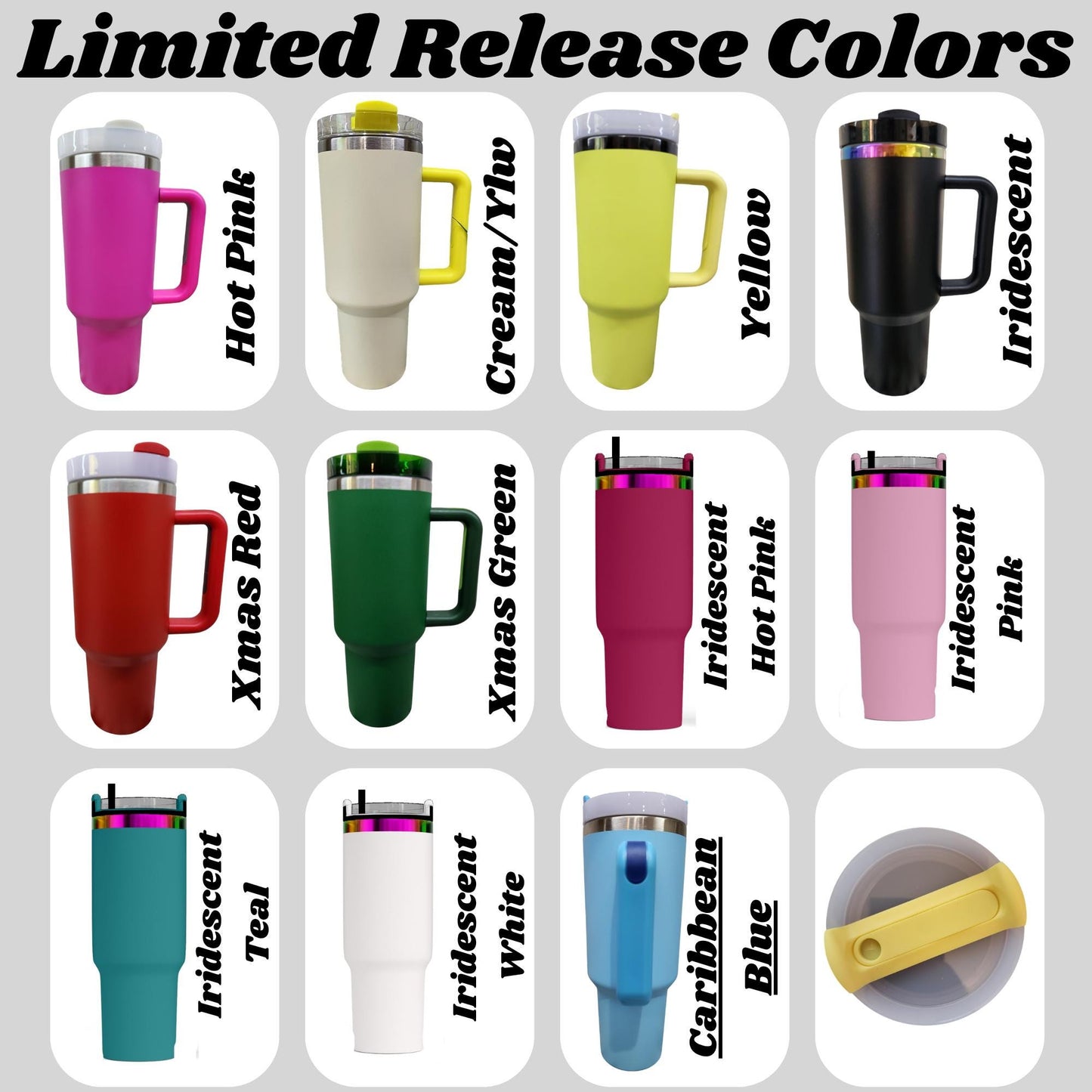 a collection of twelve different colored insulated tumblers, each with a unique color and design.