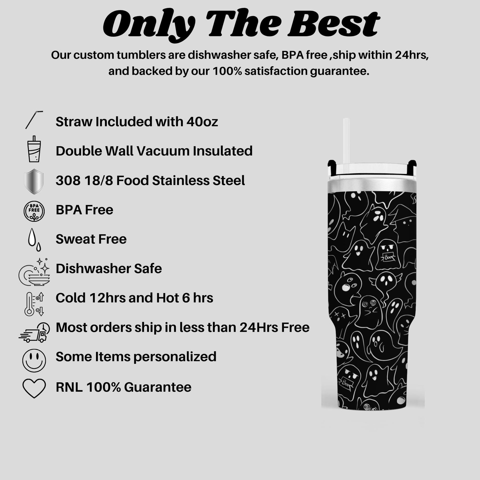 a black and white design of a stainless steel tumbler with a skull and crossbones pattern. The tumbler has a straw included, a double wall vacuum insulation, a BPA-free lid, a sweat-free design, and a dishwasher safe construction. The tumbler is described as "only the best" and "100% guarantee", indicating that it is a high-quality product.