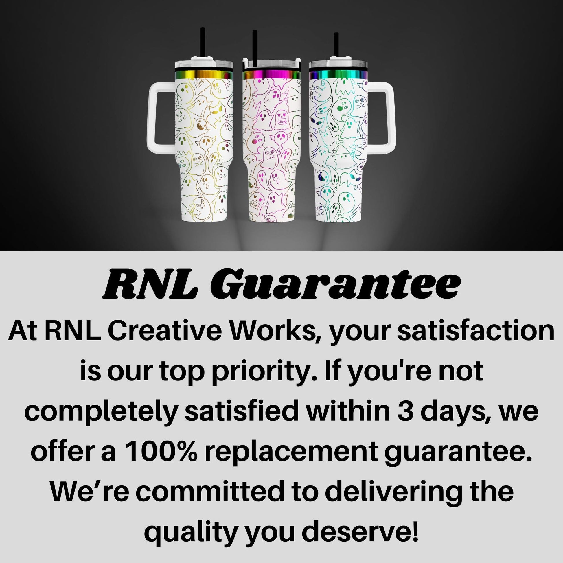 three colorful, patterned tumblers with handles, arranged in a row against a dark background.