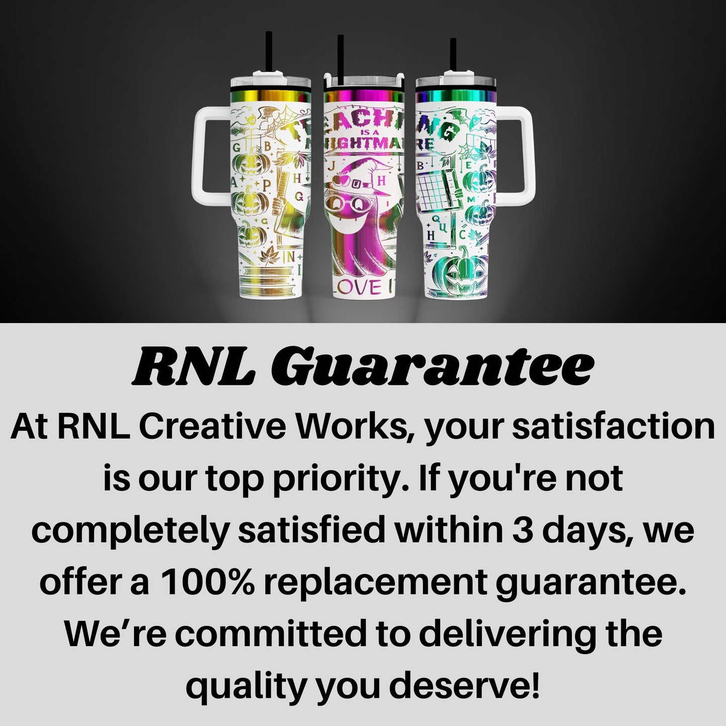three colorful, patterned tumblers with handles, arranged in a row against a dark background.