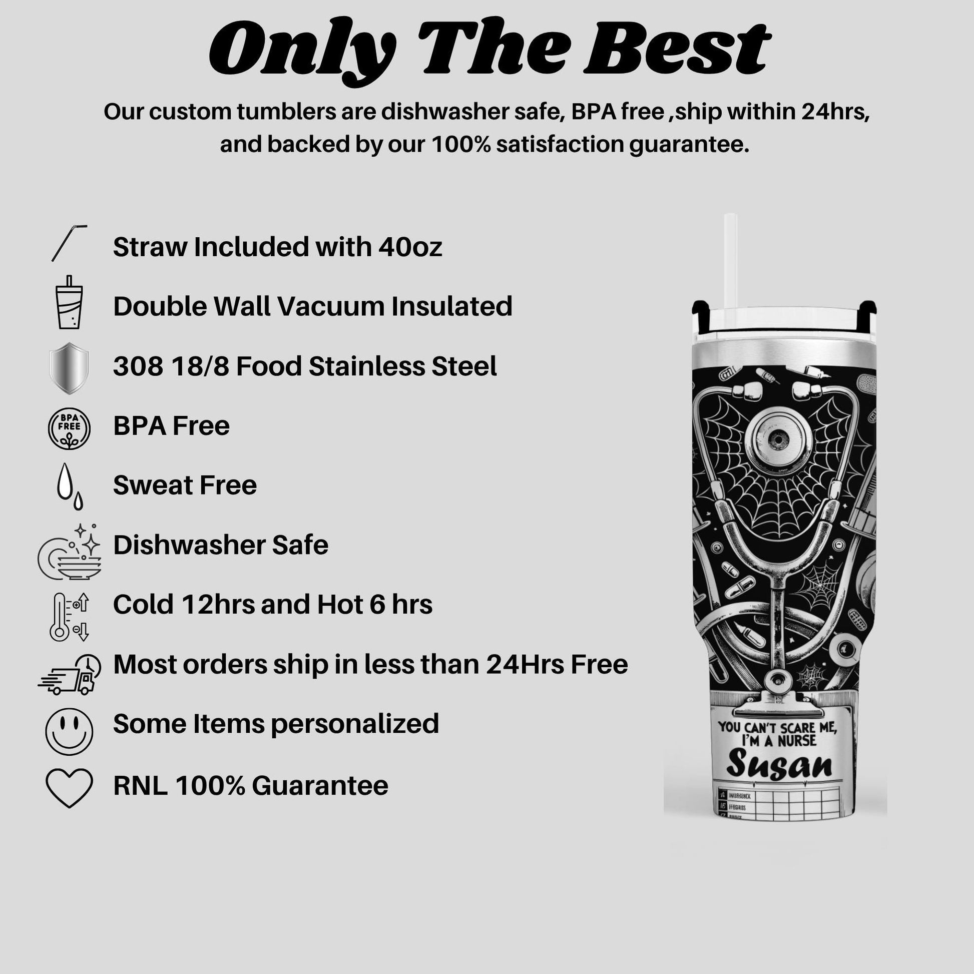 a black and white image of a stainless steel insulated tumbler with a straw, along with various safety and satisfaction features such as being dishwasher safe, BPA free, sweat free, and having a 100% satisfaction guarantee.