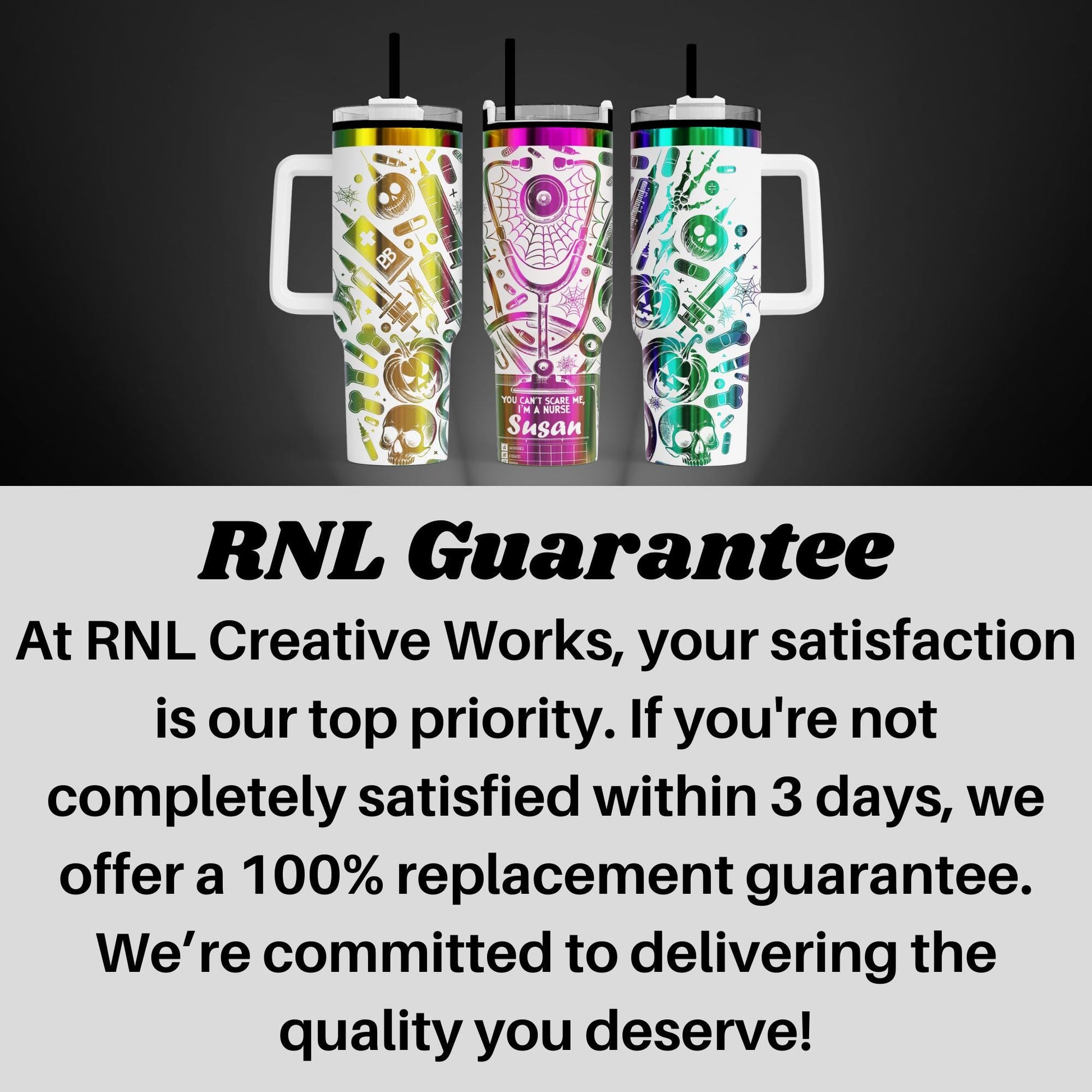 three colorful, patterned tumblers with handles, arranged in a row against a dark background.