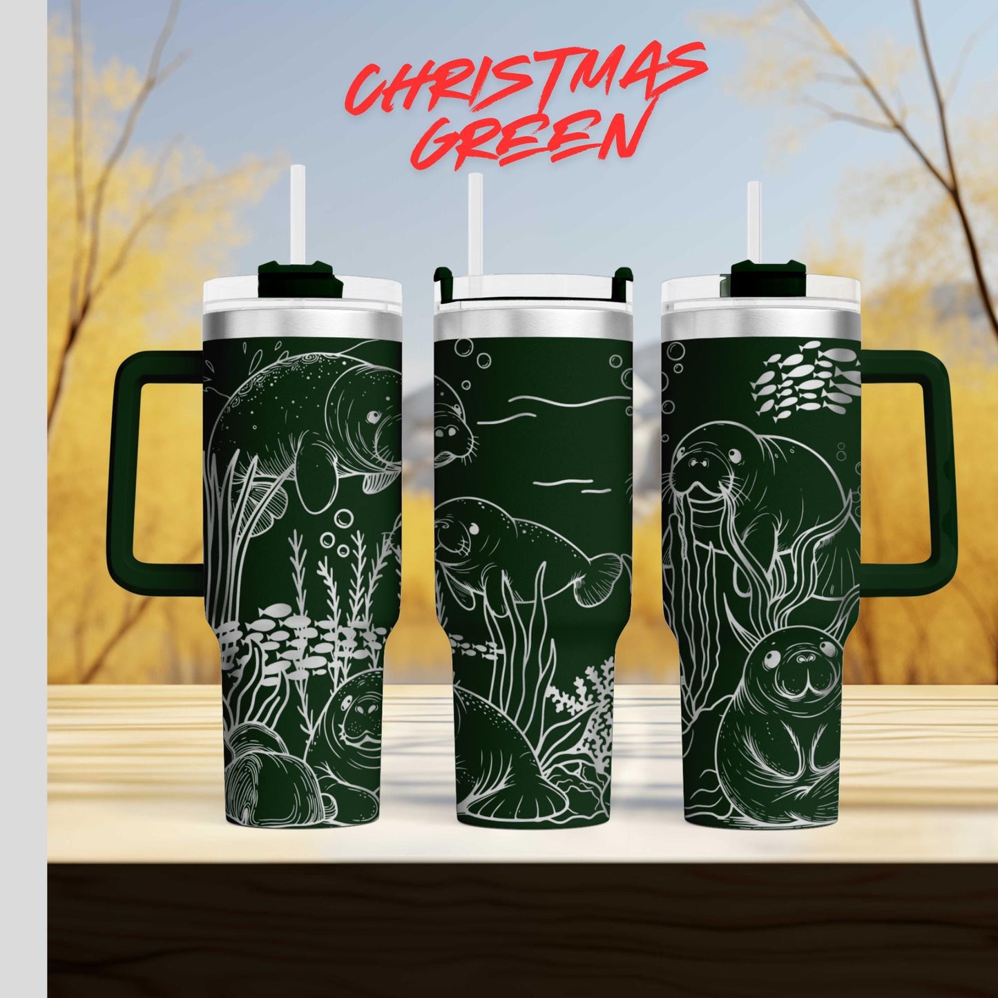 three green tumblers with illustrations of marine animals, including fish and sea creatures, on their surfaces.