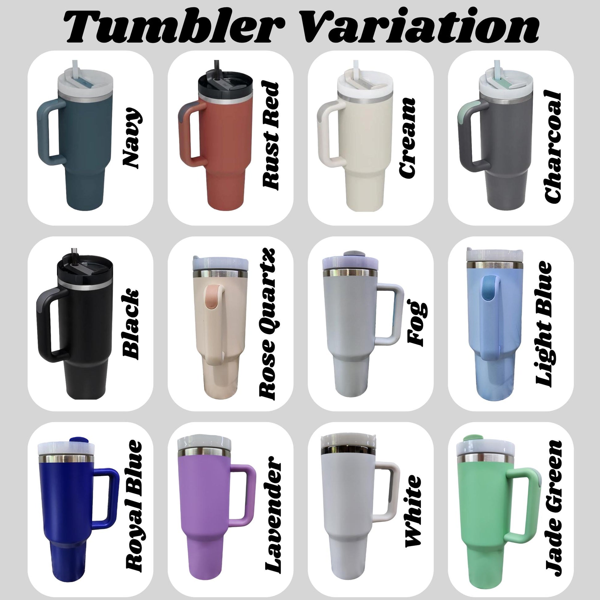 a collection of twelve different colored tumblers, each with a unique handle color and design.