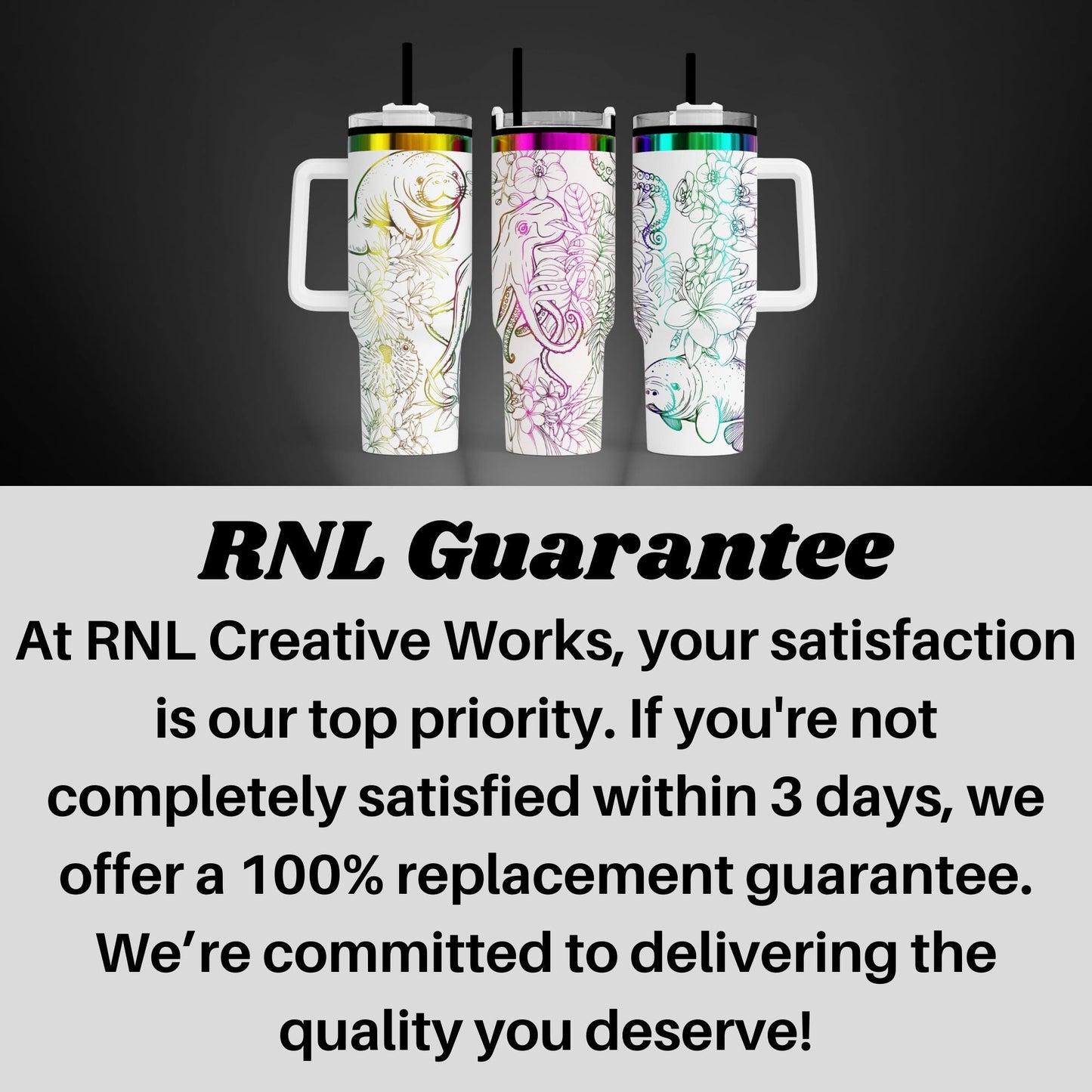 three colorful, patterned insulated tumblers with handles, arranged in a row against a dark background.