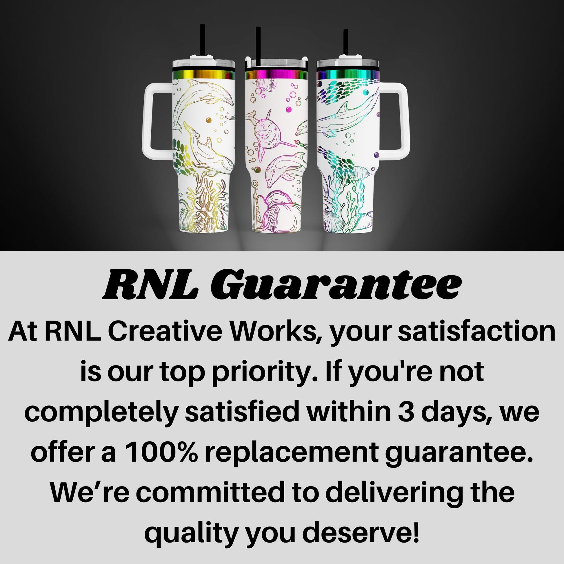 three colorful, patterned tumblers with straws, arranged in a row against a dark background.