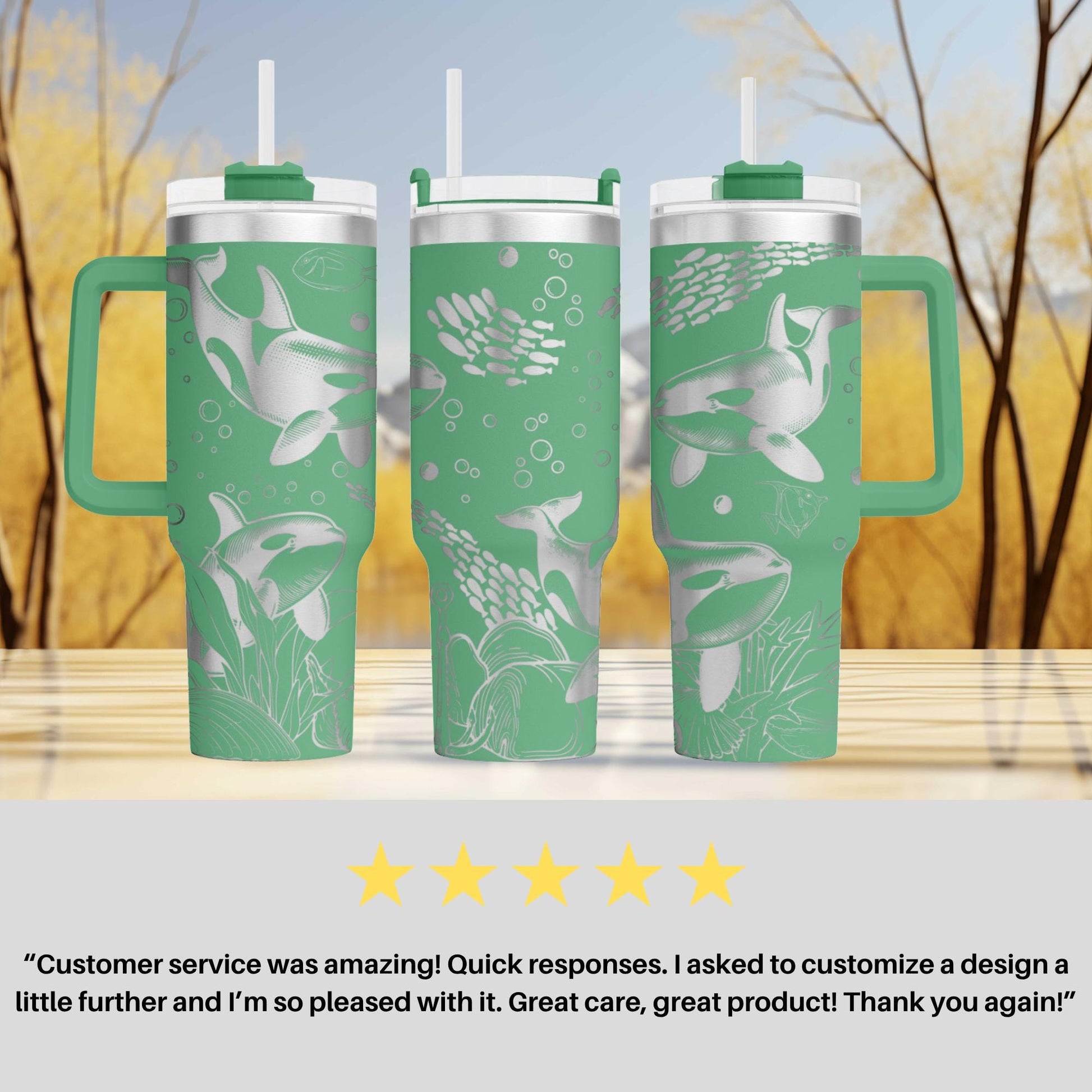 three green tumblers with fish designs, each with a handle and a straw. The background is blurred, but it appears to be a wooded area with trees and a body of water. There is a 5-star rating and a customer review expressing satisfaction with the customer service and the product.