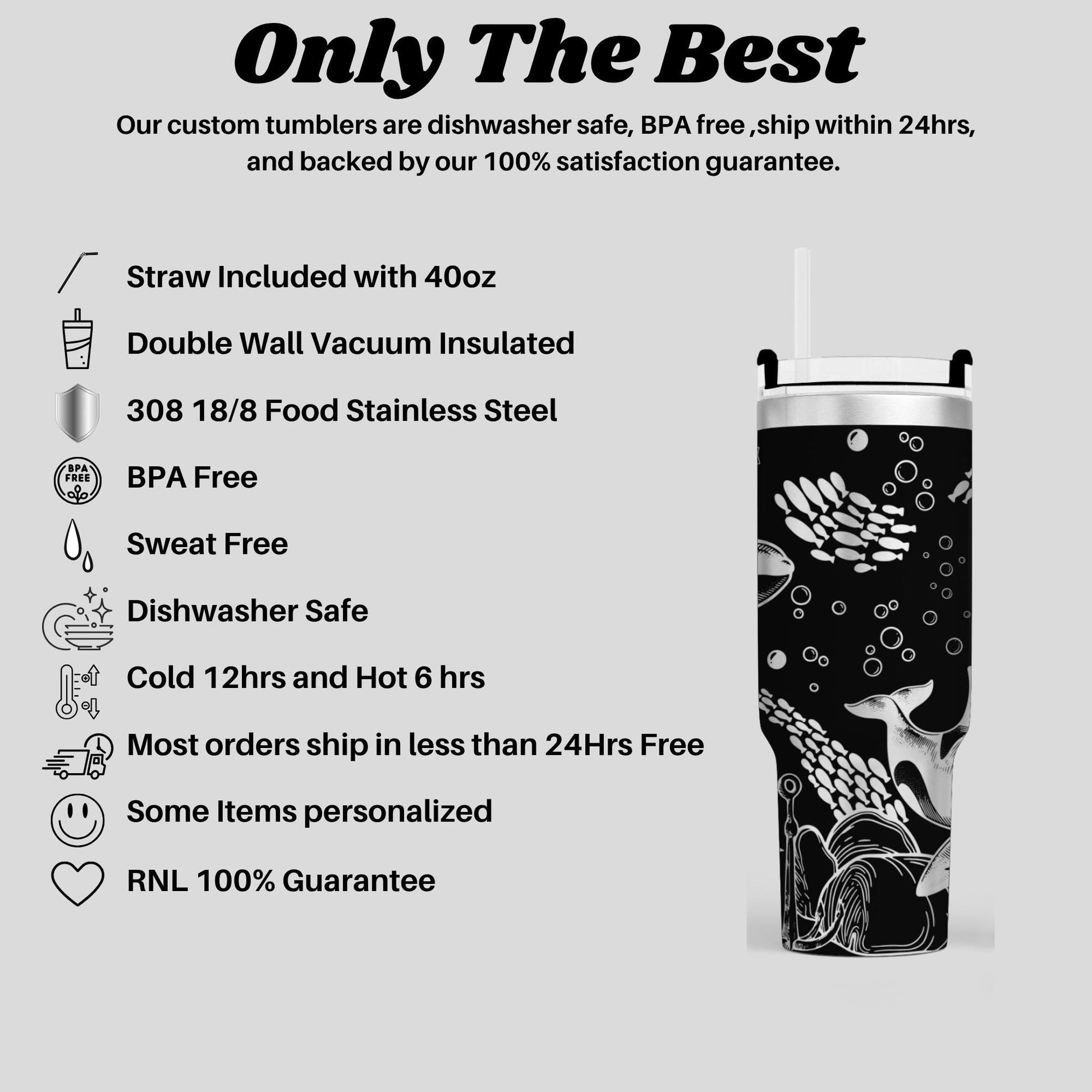 a stainless steel insulated tumbler with a black and white design, including a straw, a double wall vacuum insulation, and a BPA-free design. The tumbler is described as dishwasher safe, has a 100% satisfaction guarantee, and is shipable within 24 hours.