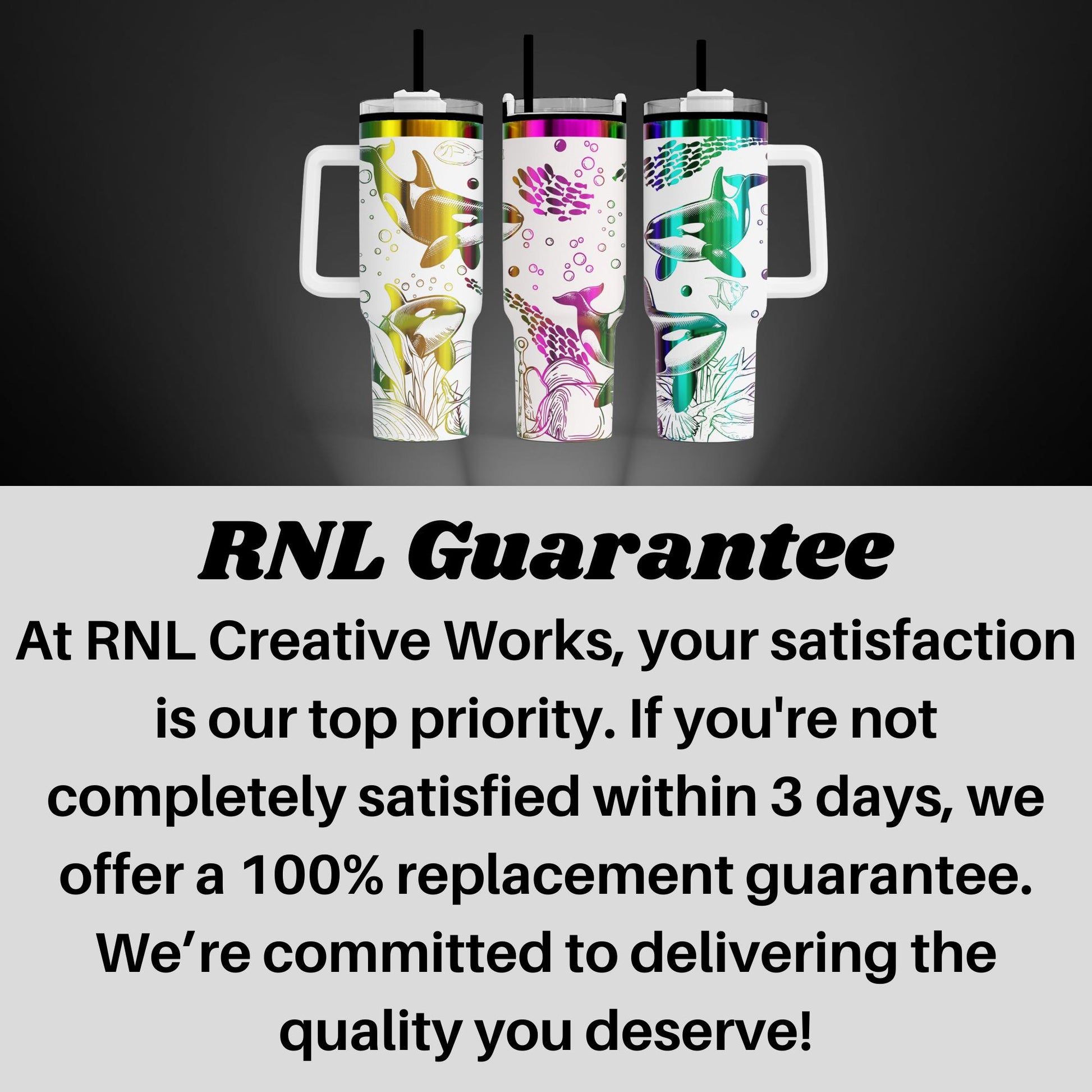 three colorful, patterned travel mugs with handles, arranged in a row against a dark background.