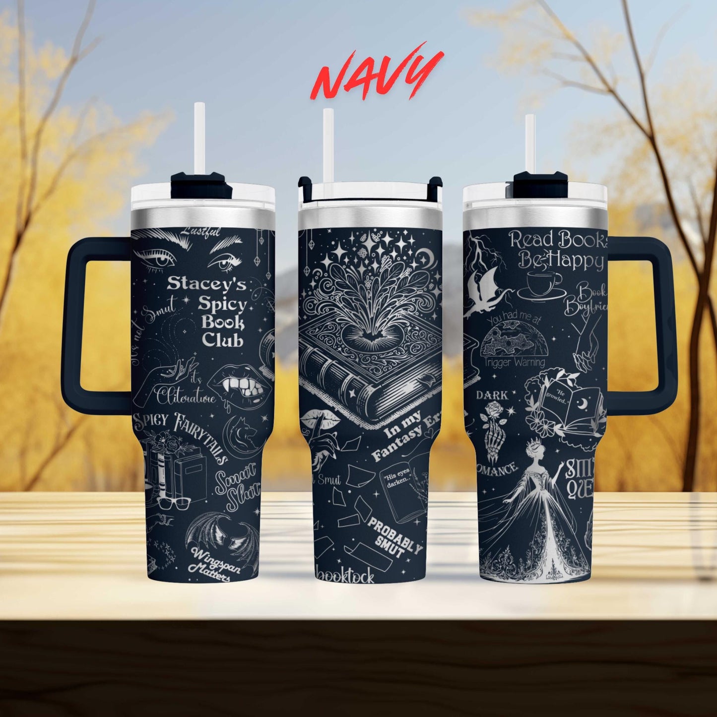 three black and white tumblers with various designs and text printed on them.