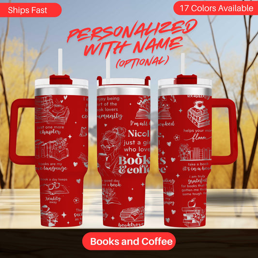 three red tumblers with white text and illustrations, including phrases like "Books and Coffee", "Shops Fast", "17 Colors Available", and "Personalized with Name (optional)".