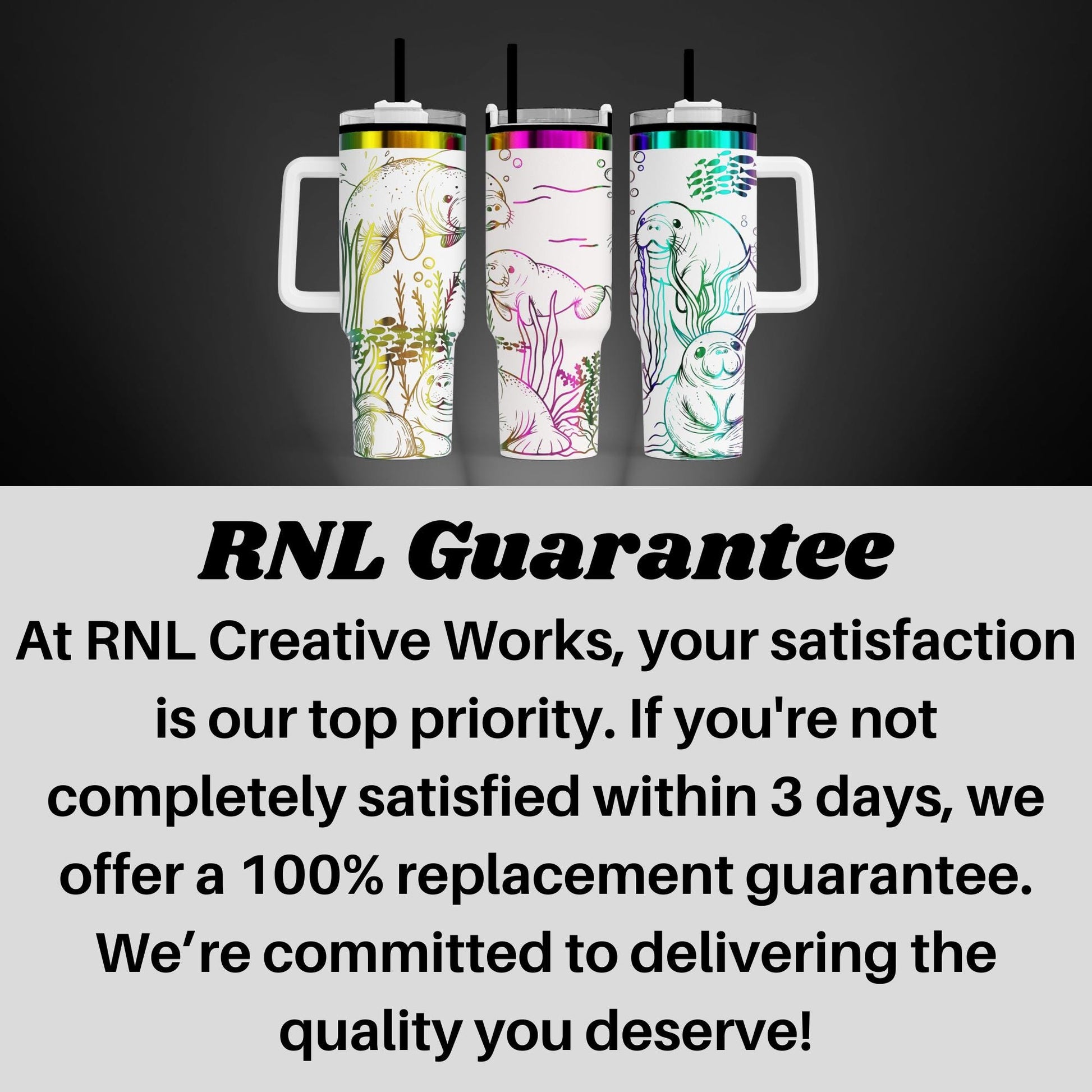 three colorful, patterned tumblers with handles, arranged in a row against a dark background.