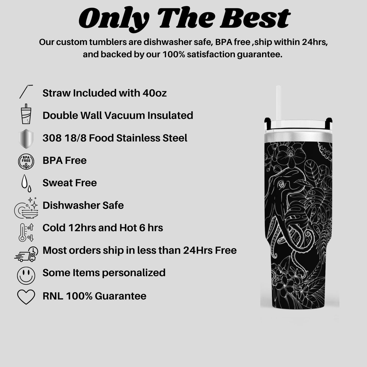 a black and white image of a stainless steel tumbler with a floral design, accompanied by text describing the features and benefits of the product.