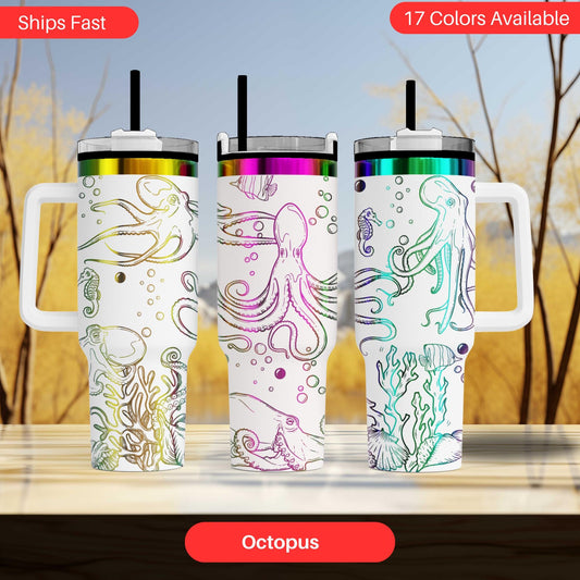 three colorful, patterned tumblers with designs of octopuses and bubbles. The tumblers are arranged in a row, showcasing the variety of colors and designs available.