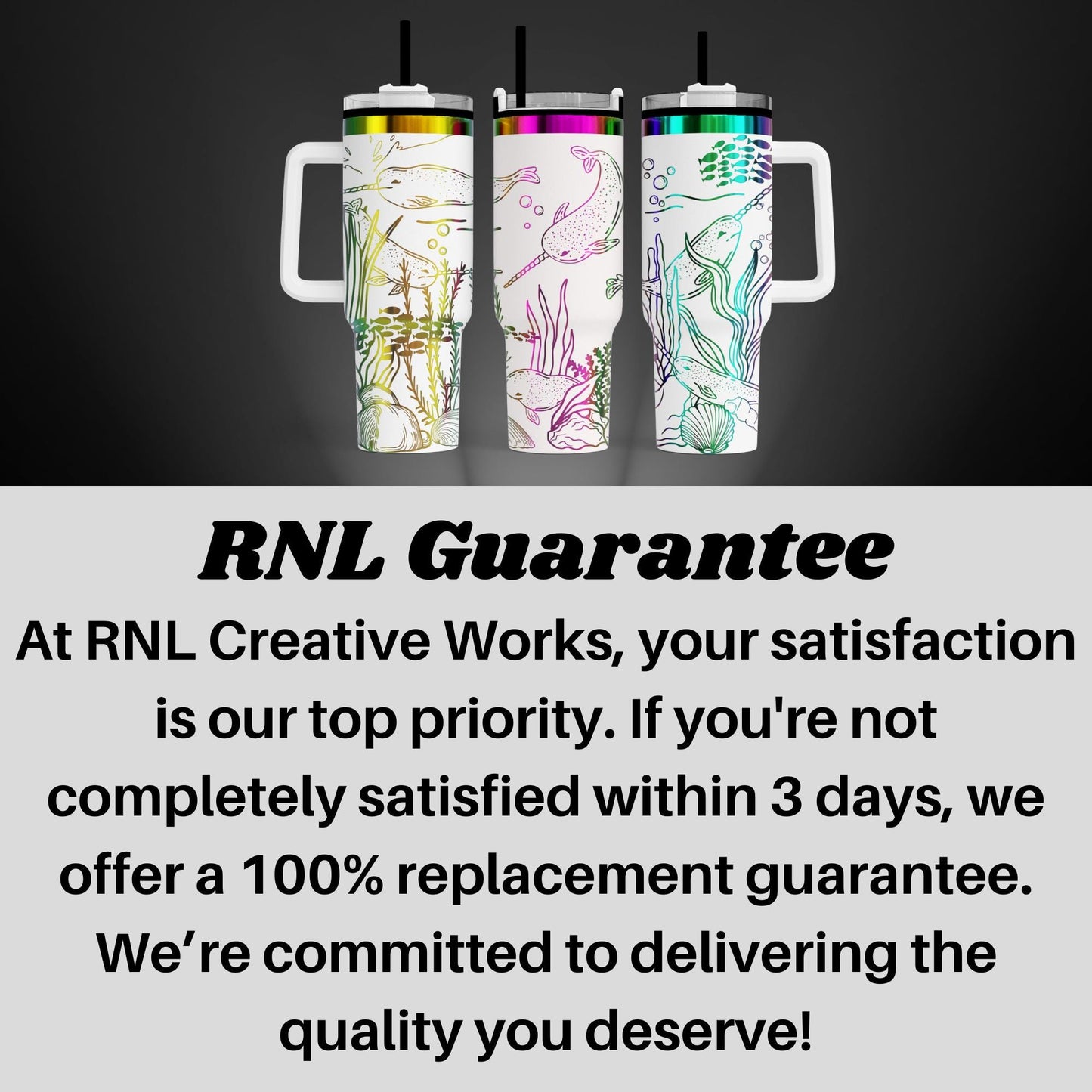 three colorful, patterned tumblers with straws, arranged in a row against a dark background.