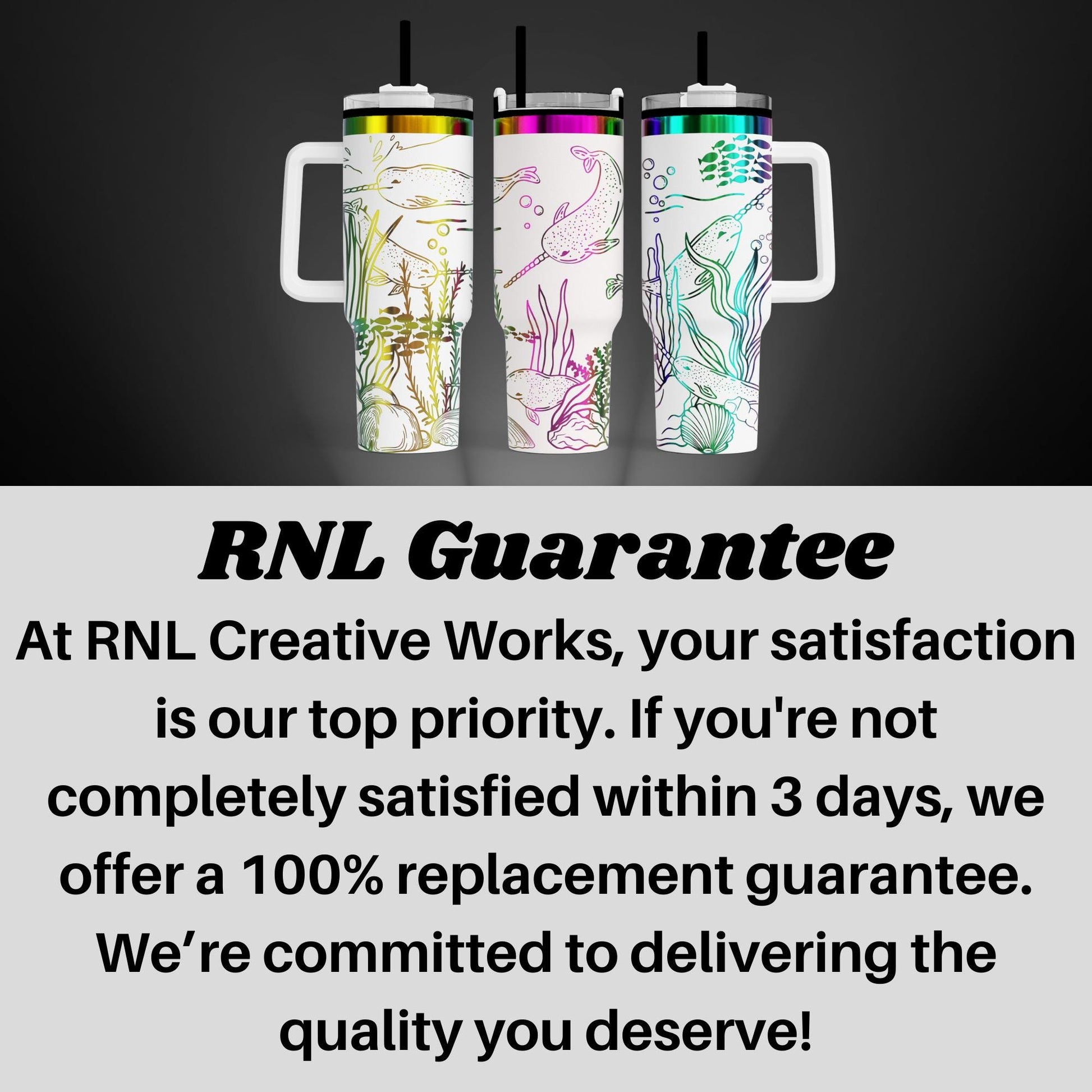 three colorful, patterned tumblers with straws, arranged in a row against a dark background.