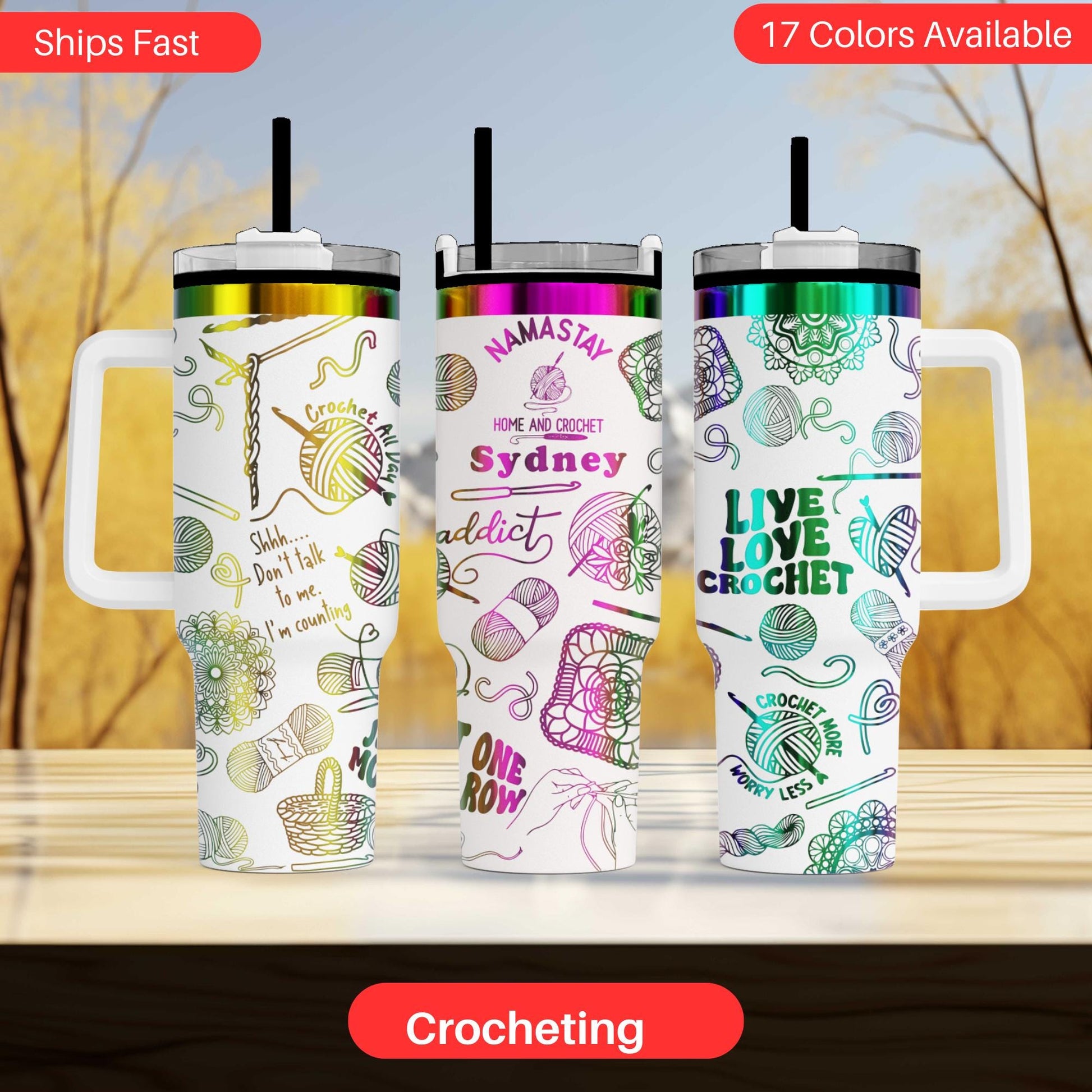 three colorful crocheting-themed tumblers, each with a unique design and color scheme.