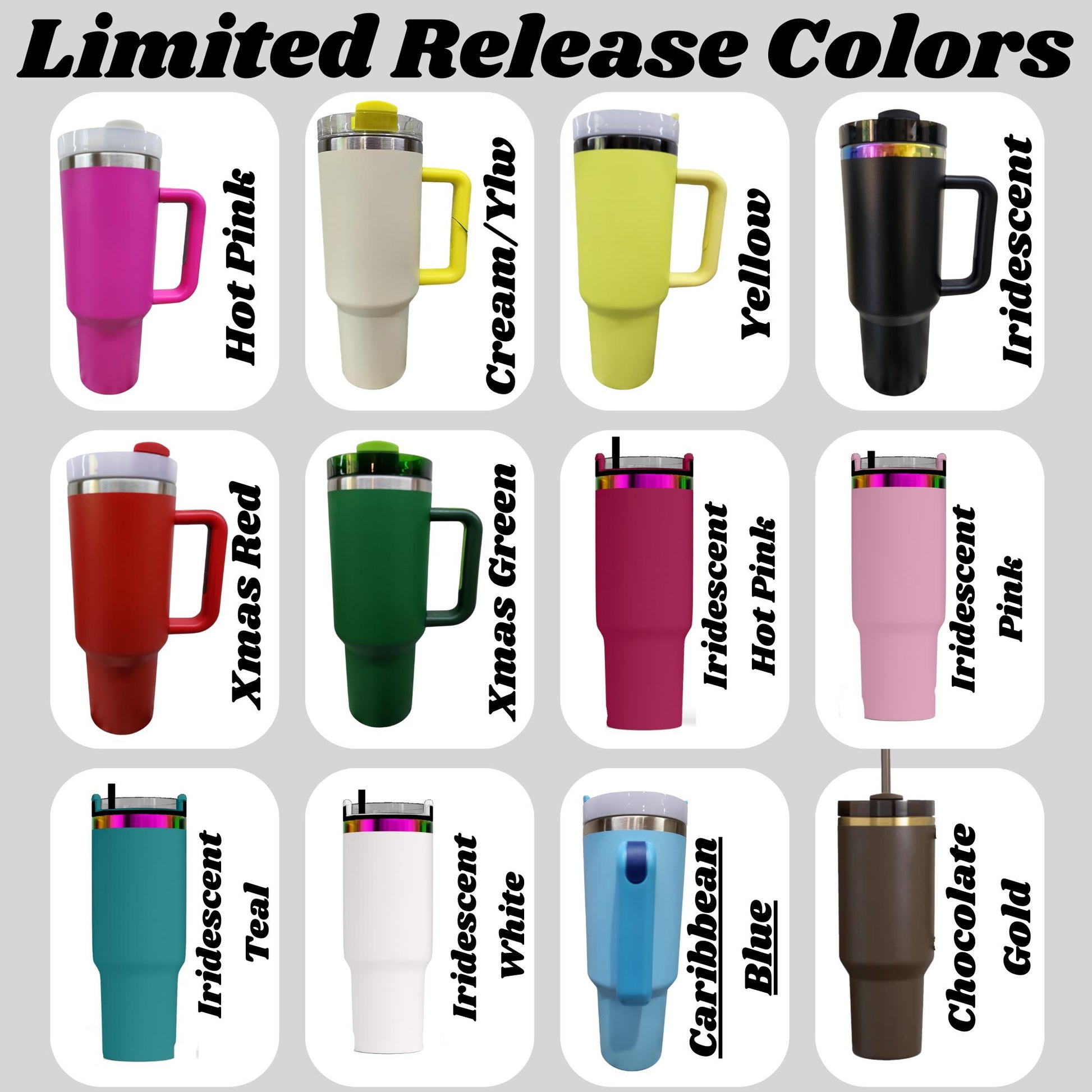a collection of twelve different colored insulated tumblers, each with unique color options.