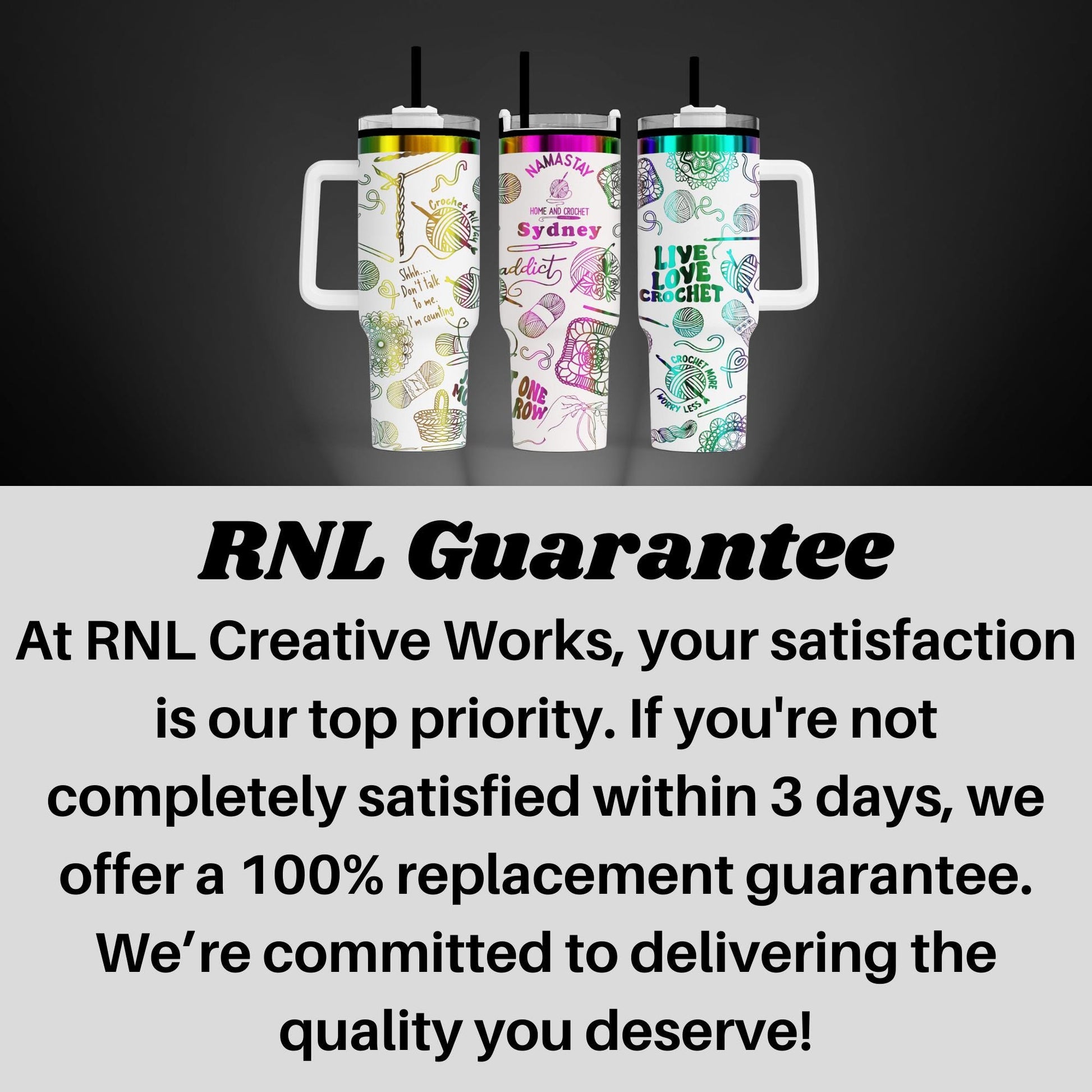 three colorful, patterned tumblers with handles, arranged in a row against a dark background.