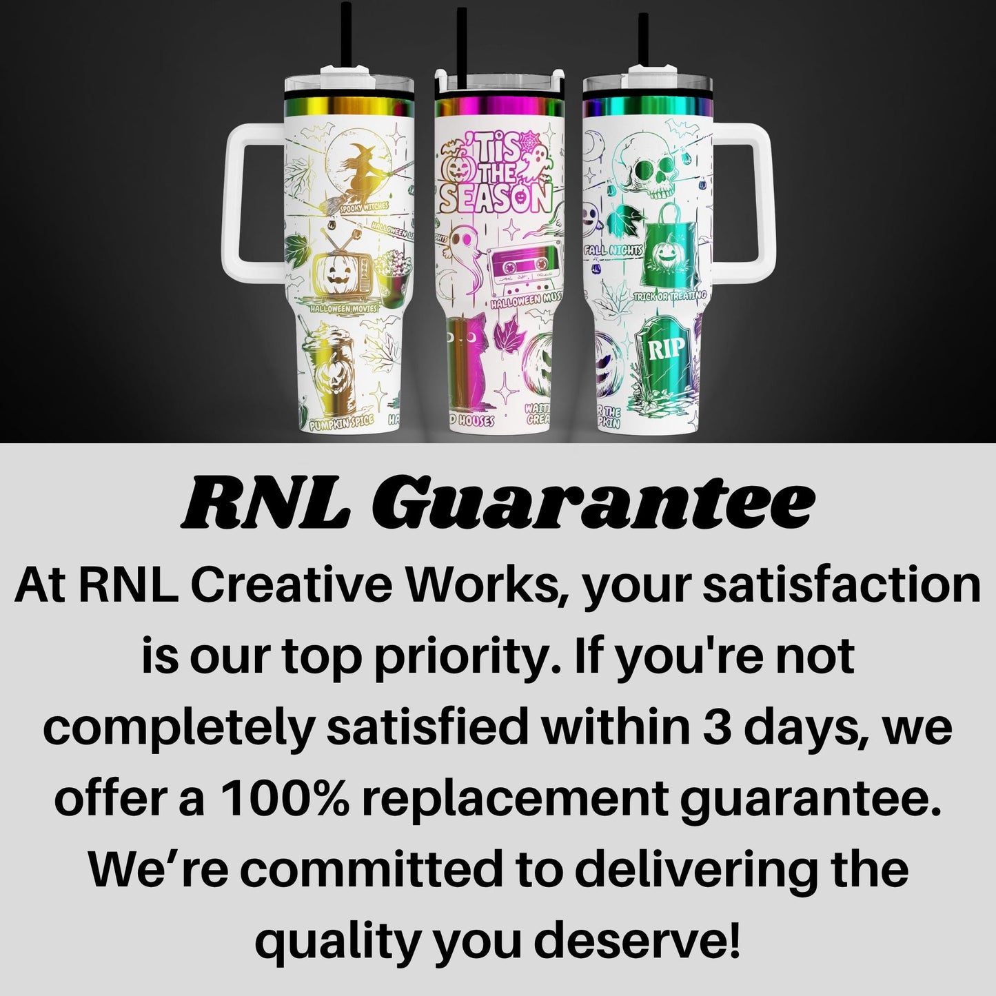 three colorful, patterned tumblers with various designs and text, including a guarantee for the quality of the products.