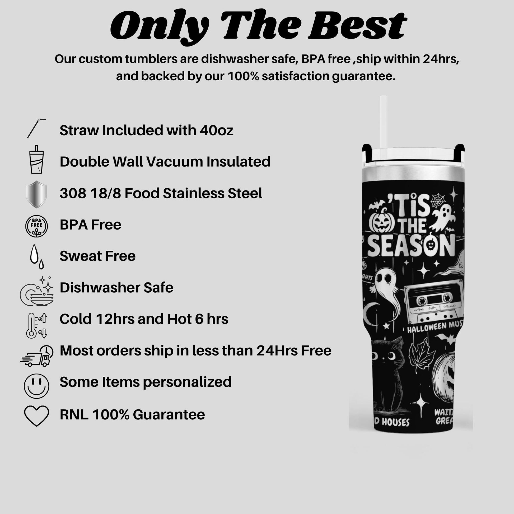 The image is a promotional image for a product called "Only The Best" that features a black and white design with various features and benefits.
