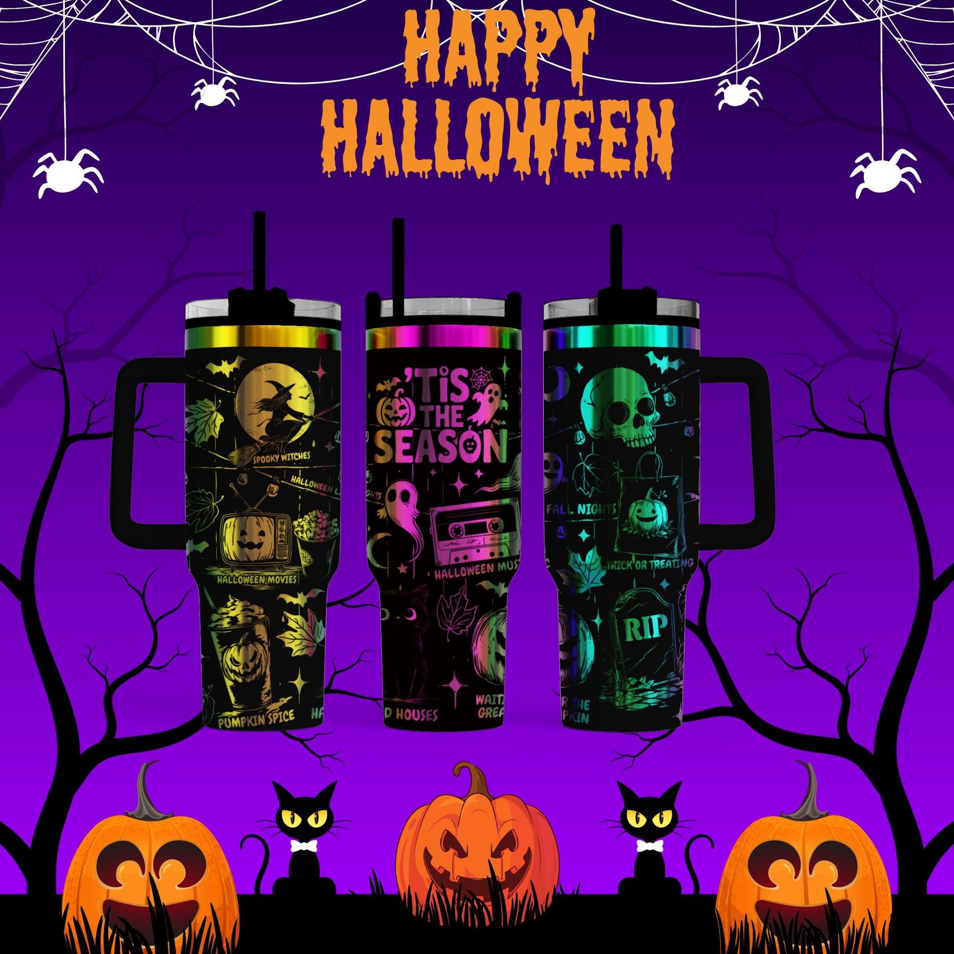 three colorful Halloween-themed tumblers with spooky designs, including bats, skulls, and pumpkins, set against a purple background with a spider web and jack-o-lanterns.