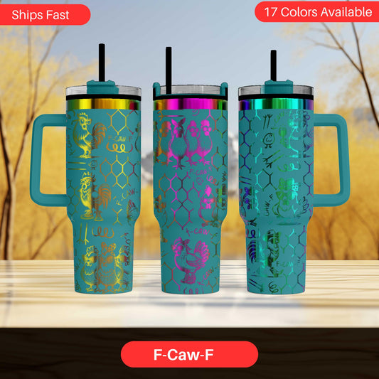three colorful teal-colored tumblers with handles, arranged side by side on a wooden surface.