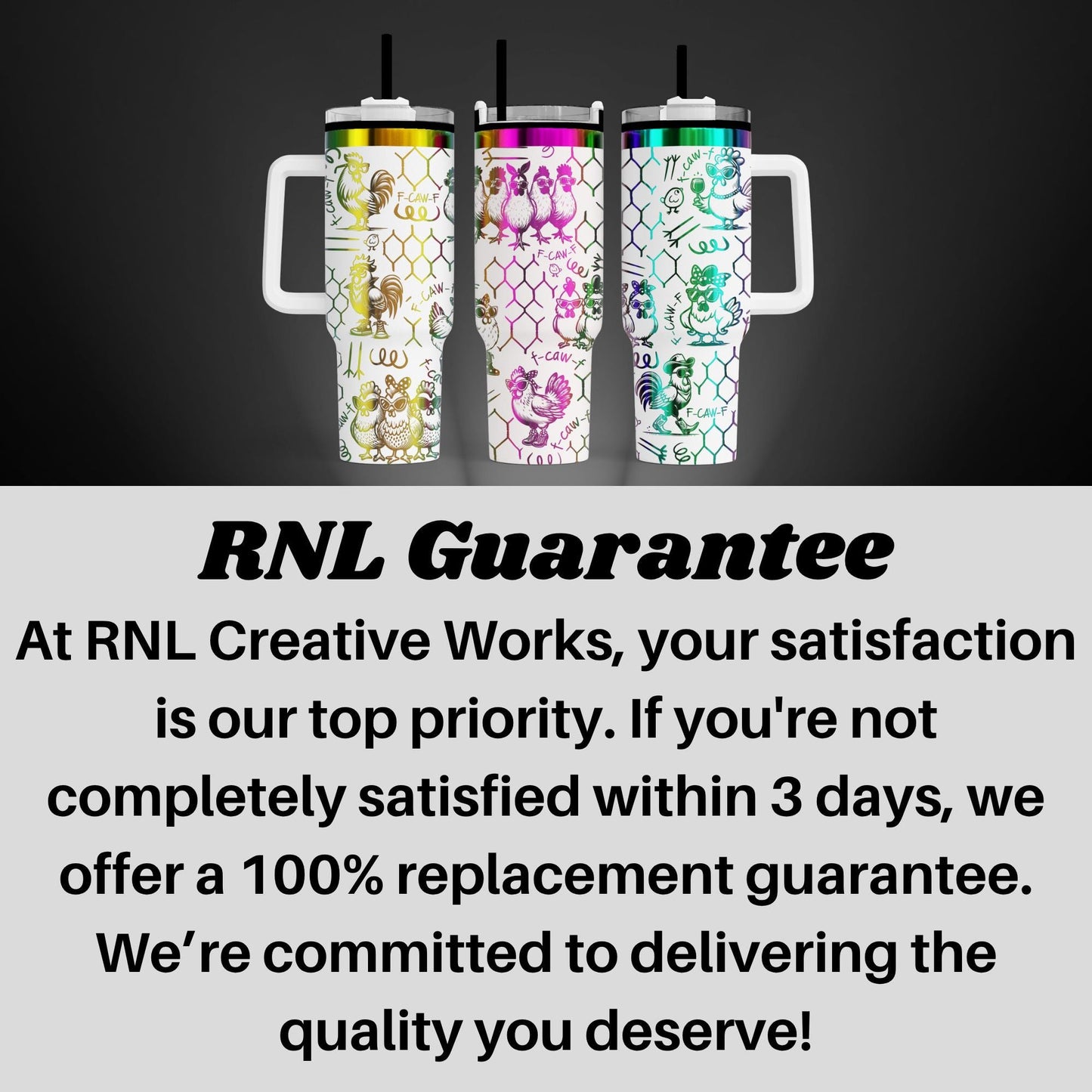 three colorful, patterned tumblers with handles, arranged in a row against a dark background.