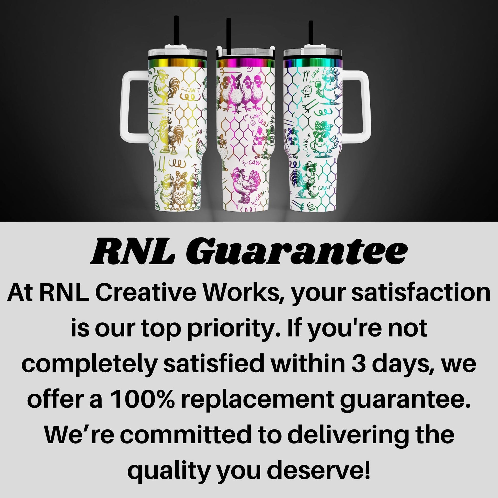 three colorful, patterned tumblers with handles, arranged in a row against a dark background.