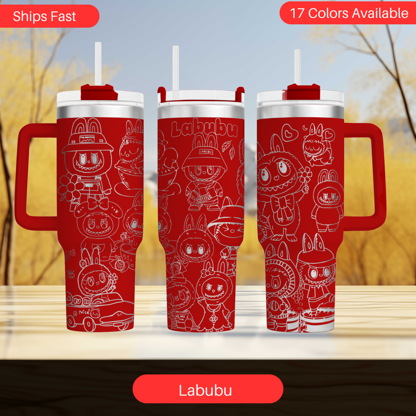 three red and white Labubu tumblers with various cartoon-style illustrations on them.