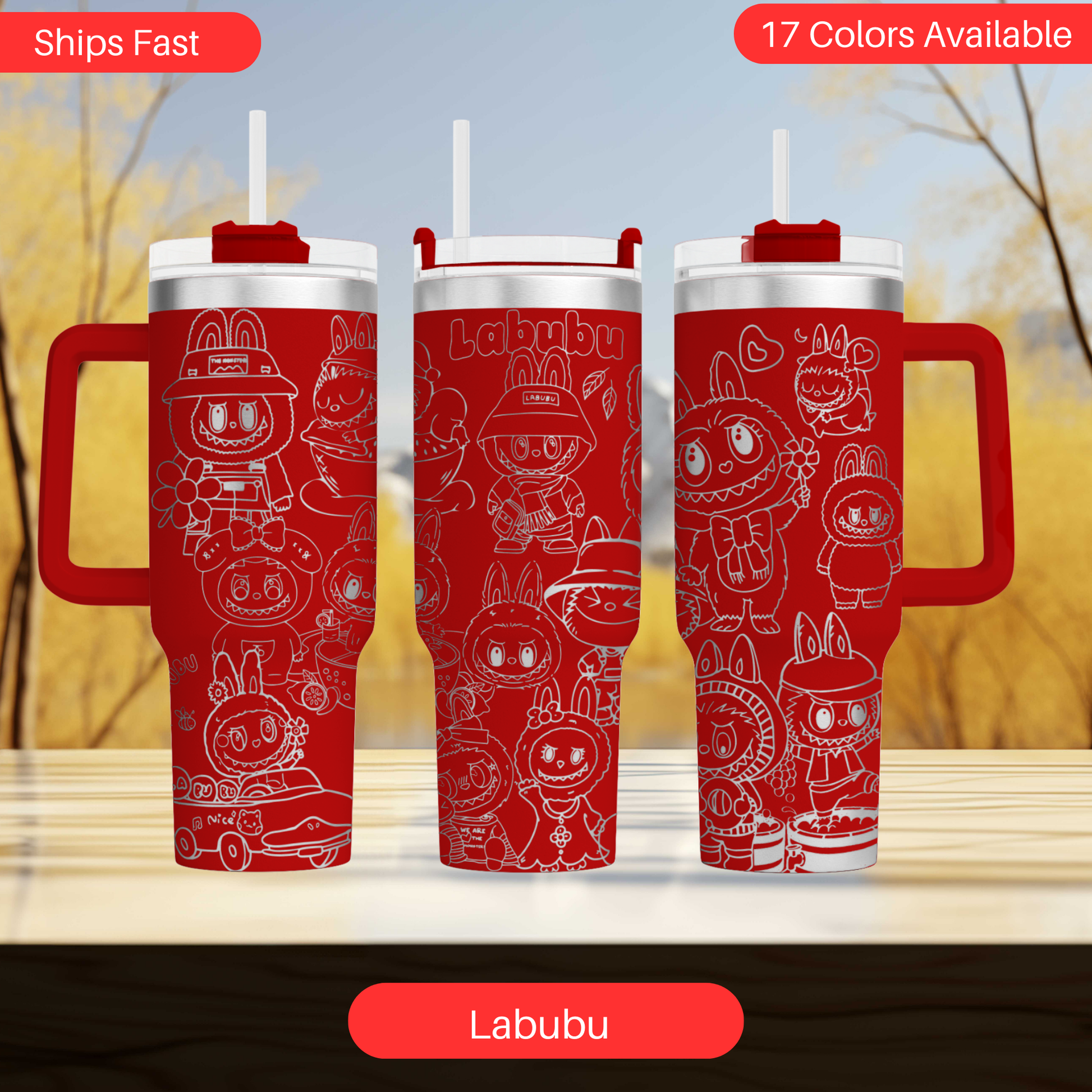 three red and white Labubu tumblers with various cartoon-style illustrations on them.
