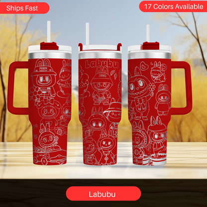 three red and white Labubu tumblers with various cartoon-style illustrations on them.