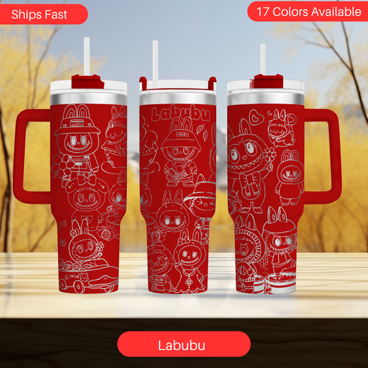 three red and white Labubu tumblers with various cartoon-style illustrations on them.