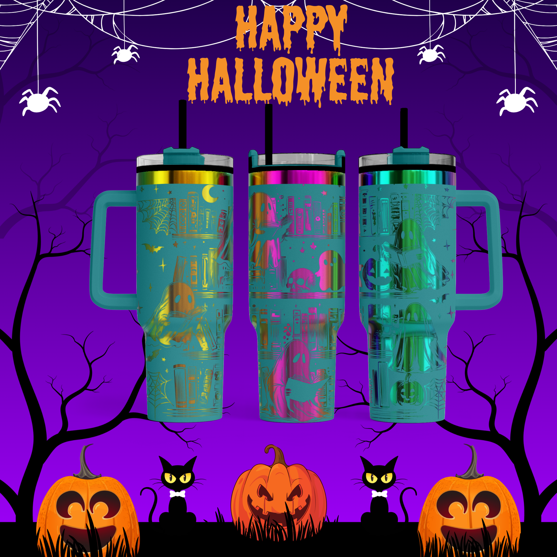 A Halloween-themed image featuring three colorful tumblers with spooky designs, surrounded by pumpkins, black cats, and a spider web. The text "HAPPY HALLOWEEN" is displayed above the tumblers.