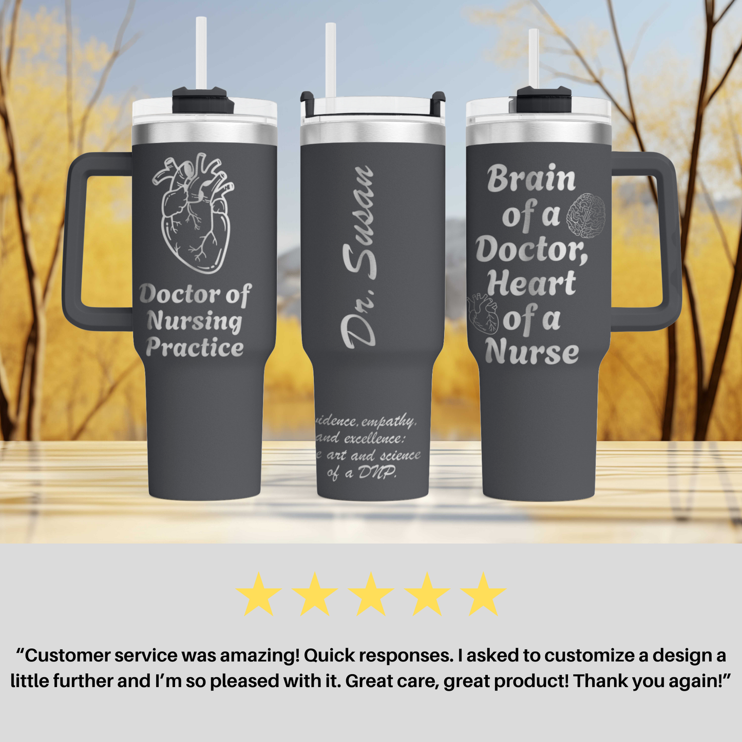 three travel mugs with the words brain of a doctor, heart of a nurse
