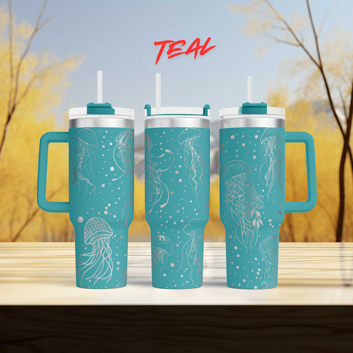 a couple of blue cups sitting on top of a wooden table