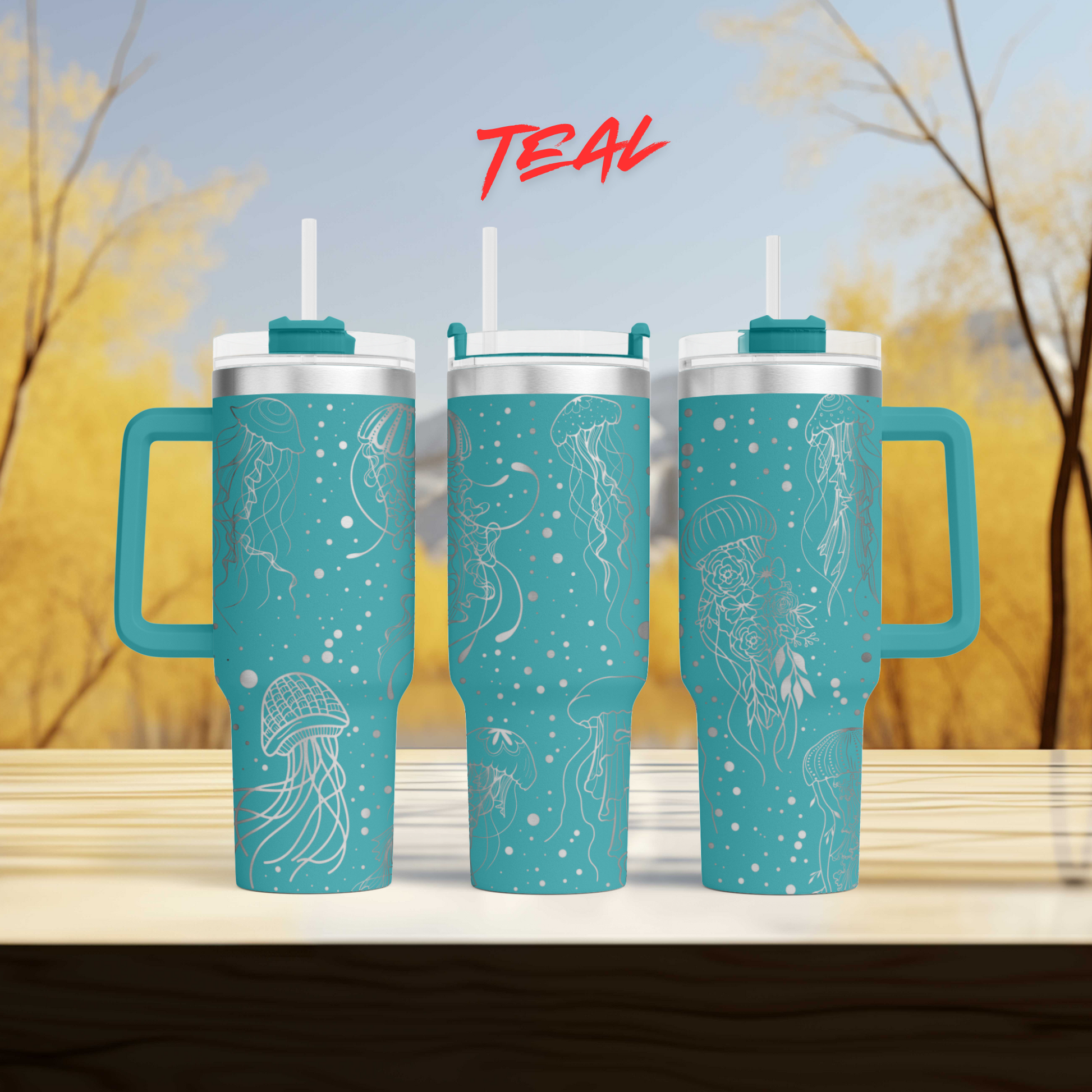 a couple of blue cups sitting on top of a wooden table