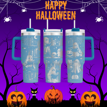 A Halloween-themed image featuring three blue tumblers with ghost and pumpkin designs, along with black cats, pumpkins, and spider web decorations against a purple background.