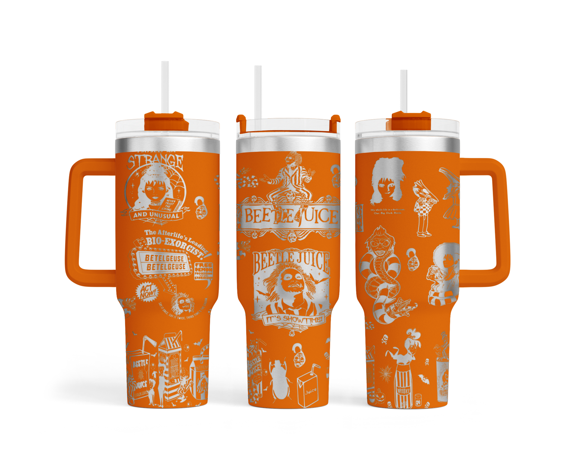a set of three orange travel mugs
