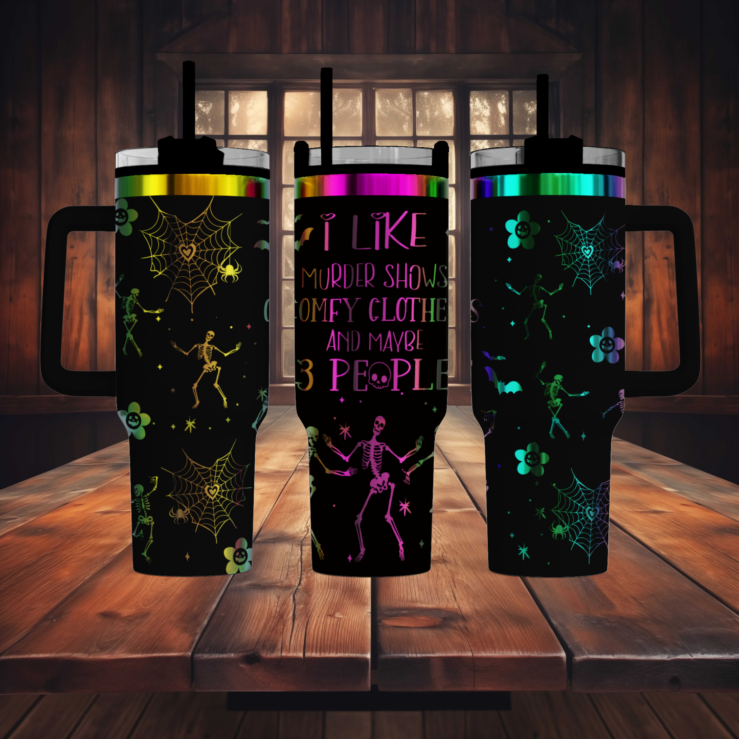 a couple of mugs sitting on top of a wooden table