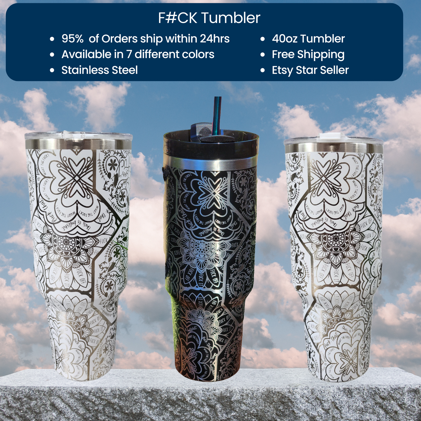 40oz Engraved Cuss Word Mandala "F*ck" Tumbler: "Swear by Your Swig" Edition