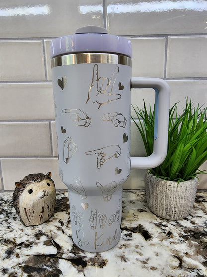 40oz Laser Engraved Tumbler with ASL Theme, Custom Insulated Tumbler for Hot and Cold Drinks, Personalized Sign Language Tumbler