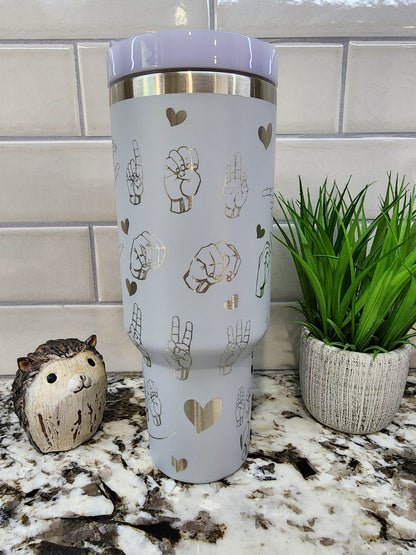 40oz Laser Engraved Tumbler with ASL Theme, Custom Insulated Tumbler for Hot and Cold Drinks, Personalized Sign Language Tumbler