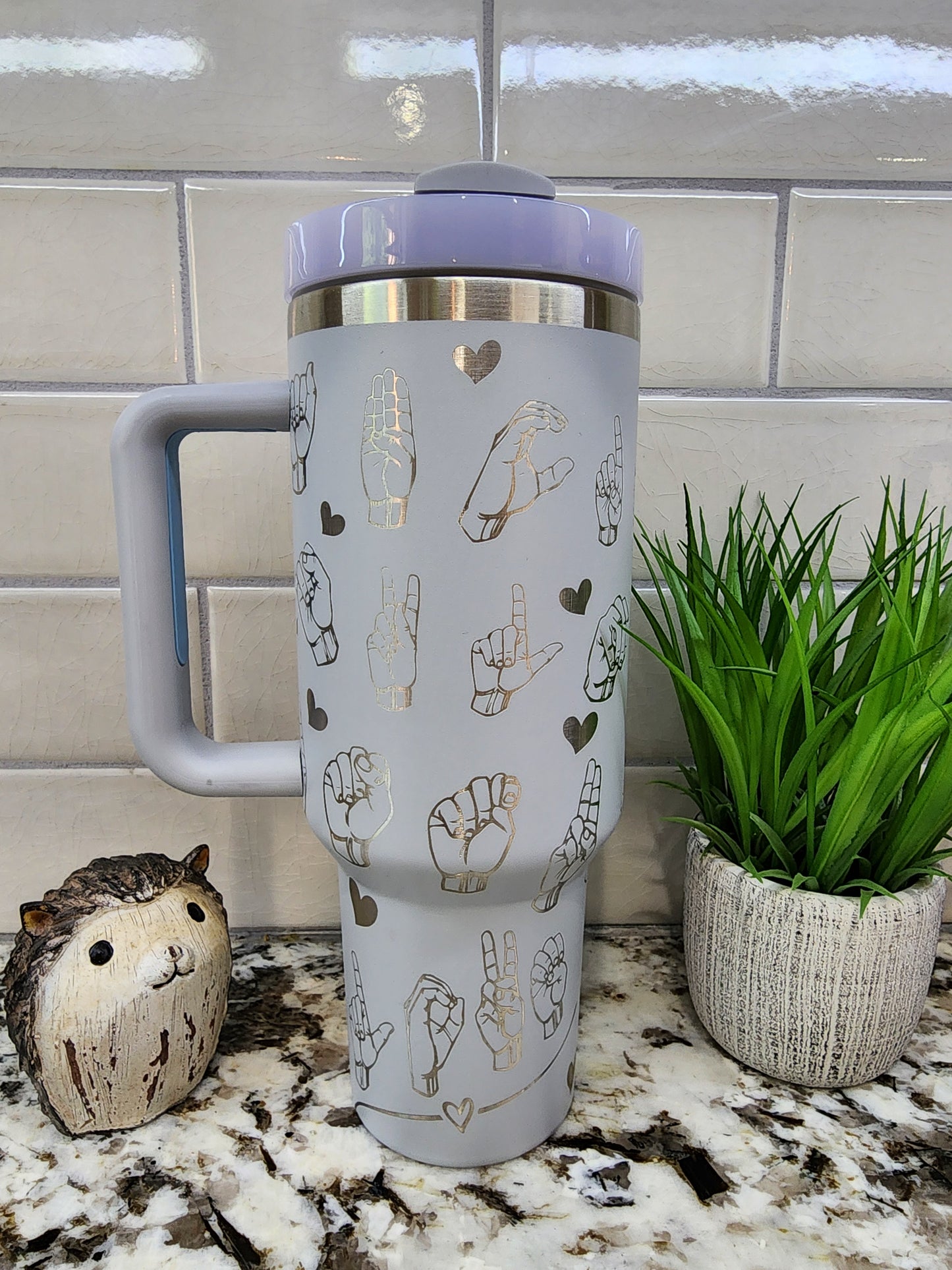 40oz Laser Engraved Tumbler with ASL Theme, Custom Insulated Tumbler for Hot and Cold Drinks, Personalized Sign Language Tumbler
