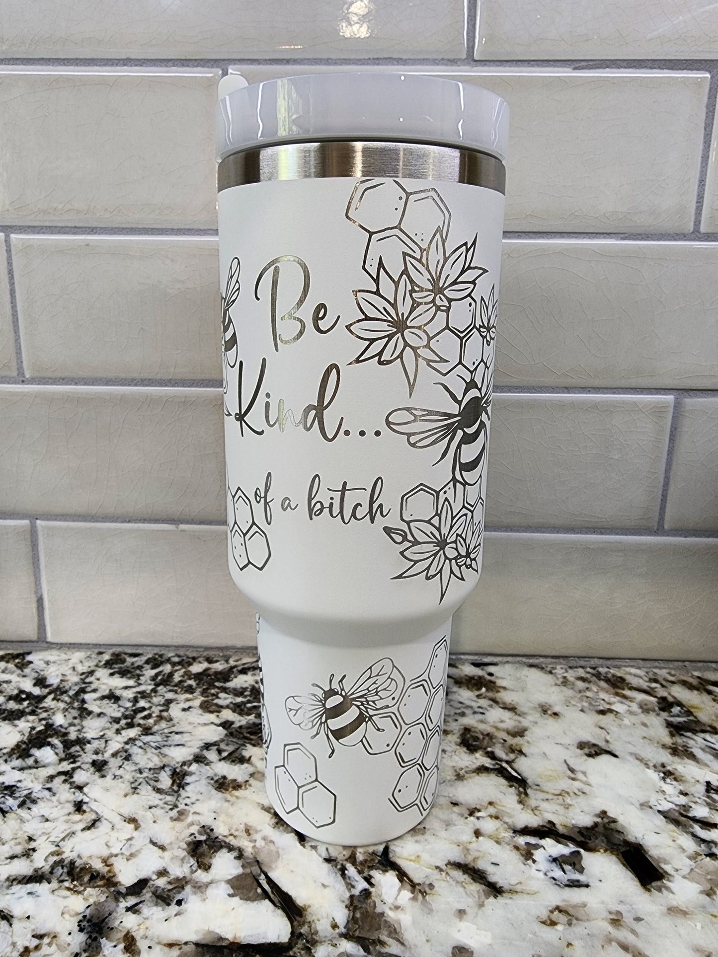Honey Bee Themed Engraved 40oz Tumbler with Saying "Be Kind of a Bitch" Custom Insulated Travel Mug | Unique Bee Lover Gift