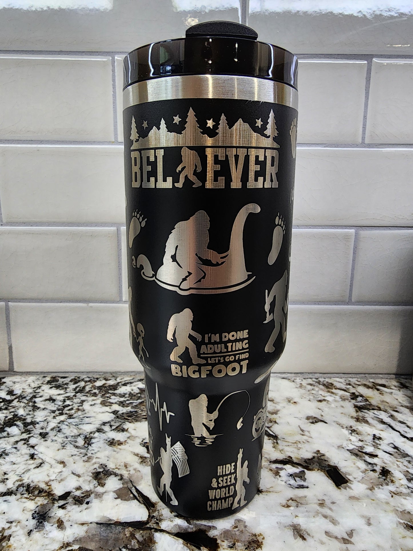 Bigfoot Sasquatch Themed Engraved 40oz Tumbler with Funny Quote | Custom Insulated Travel Mug | Unique Sasquatch Lover Gift