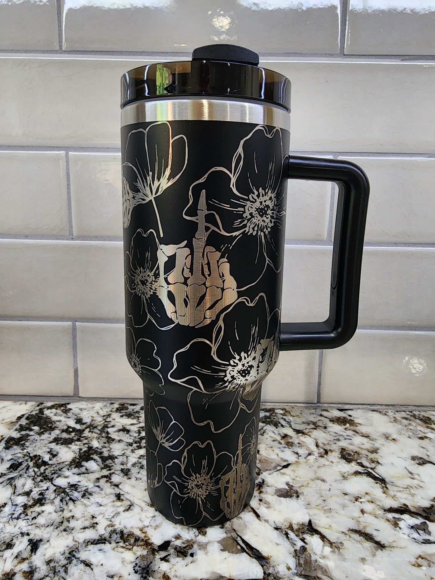 Middle Finger and Flower Themed Engraved 40oz Tumbler with Funny Image | Custom Insulated Travel Mug | Unique Sassy Gift