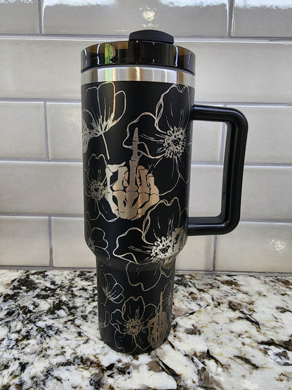 Middle Finger and Flower Themed Engraved 40oz Tumbler with Funny Image | Custom Insulated Travel Mug | Unique Sassy Gift