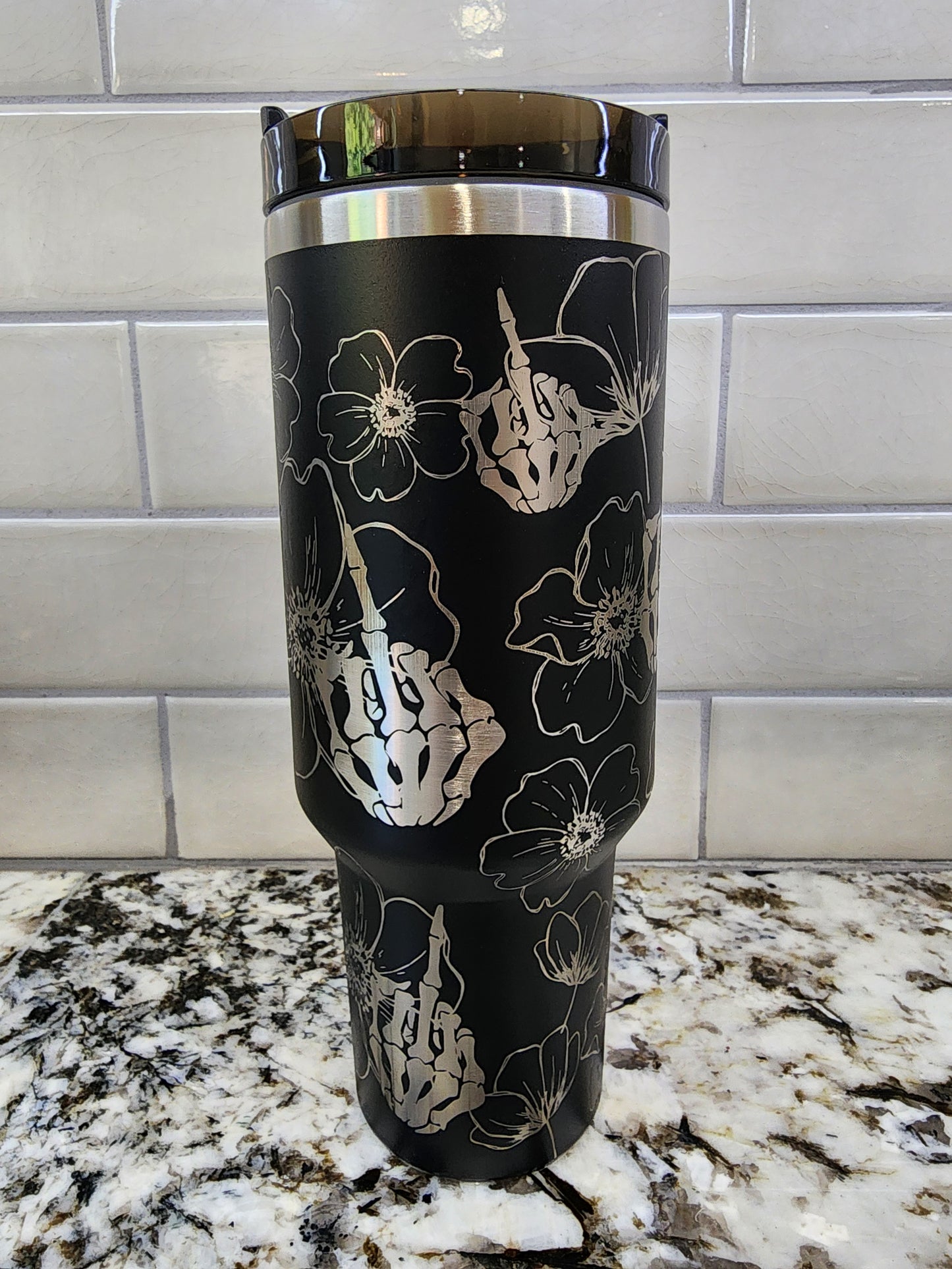 Middle Finger and Flower Themed Engraved 40oz Tumbler with Funny Image | Custom Insulated Travel Mug | Unique Sassy Gift