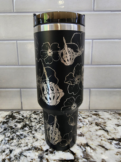 Middle Finger and Flower Themed Engraved 40oz Tumbler with Funny Image | Custom Insulated Travel Mug | Unique Sassy Gift